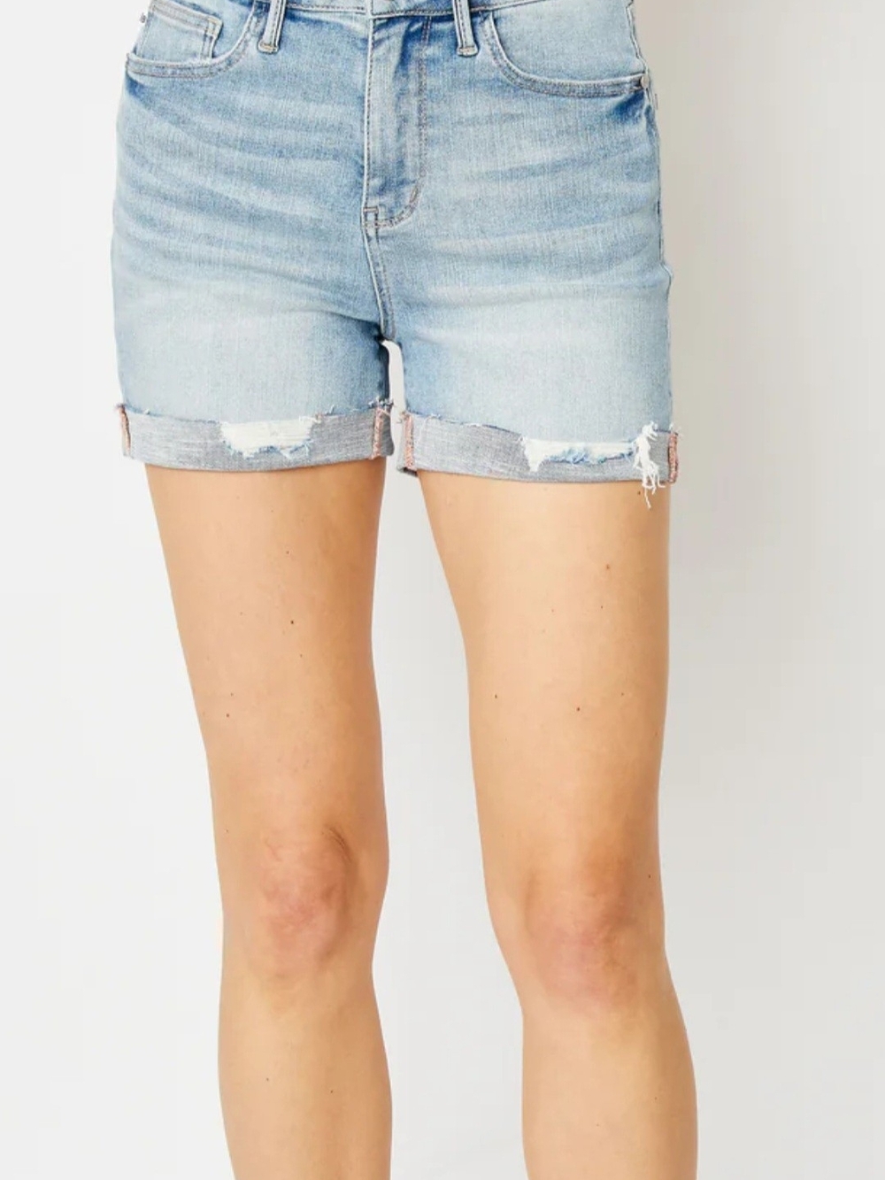 Judy Blue Light Wash Distressed Denim Shorts - Light Blue - Picture 5 of 5